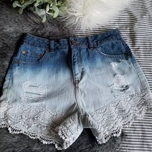 Crochet Ombre High Waisted Denim Shorts